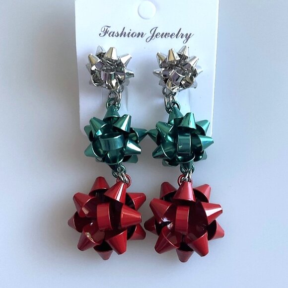 NEW HOLIDAY GIFT BOWS TIER METAL EARRINGS RED GREEN SILVER - Picture 4 of 8